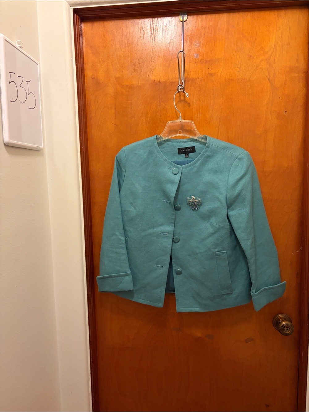 Talbots Girl's Teal Button-Front Blazer with Decorative Brooch